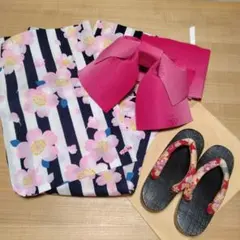 花柄ストライプ浴衣. 帯. 下駄セット