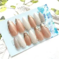 ネイルチップ パールオレンジ フレンチ キラキラ シンプル