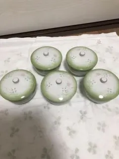 花柄 蓋付き湯呑み 5客セット 来客用 / 煎茶碗 / 昭和レトロ