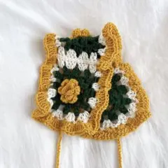 手編み フリル付き薔薇ヘッドドレス バブーシュカ イエローオレンジ×ホワイト