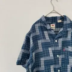 リーバイスLEVI’S S パッチワーク風 半袖シャツ チェック 青 カジュアル
