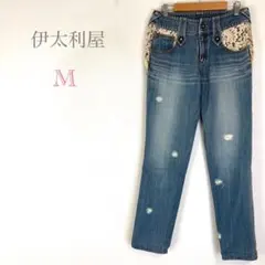 ♦︎ 伊太利屋 M ストレートデニム ジーンズ ダメージ刺繍 レース GK