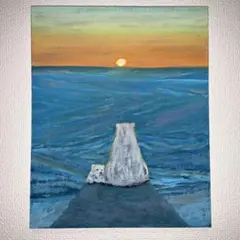 夕日　シロクマ　アクリル画　原画