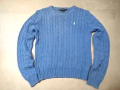 ラルフローレン 綿100％ ブルー ケーブルニット 長袖セーター L