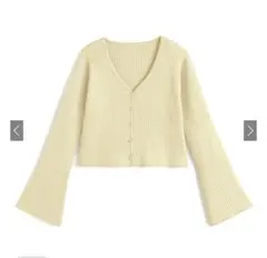 イエロー Vネック リブ編み カーディガン