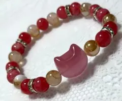 ネコ型　ピンクローズクォーツ　天然シャンパン＆スノー　パワーストーンブレスレット