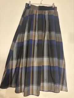 チェック柄ロングスカート　ブルーブラック系 Lサイズ　裏地あり　ウエストゴム　春