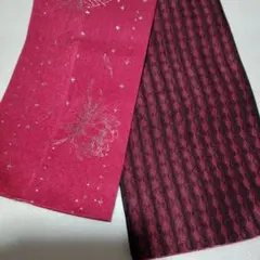 小袋帯　 赤系 花柄×黒系菱形模様 リバーシブル　レディースのサムネイル