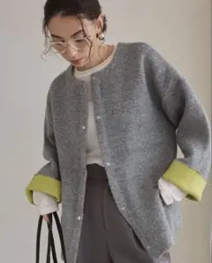 ANGIE ノーカラー 配色 ニットコート