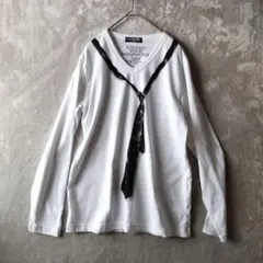 a2601　ネクタイデザイン　モノクロ　白　Tシャツ　長袖　Vネック　シンプル