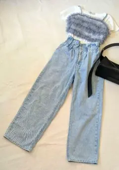 レディース　ワイドレッグデニム　ライトブルー　ウエストシャーリング　ZARA 風