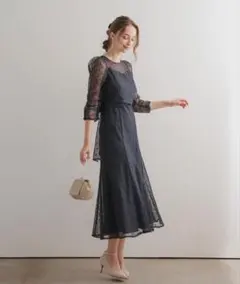 ネイビー レース パーティードレス