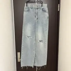 ライトブルー ワイドレッグ デニムパンツ