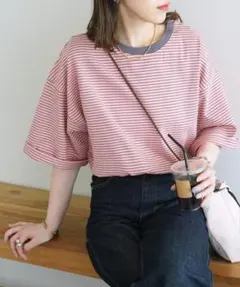 Discoat ボーダービッグ半袖Tシャツ　ピンク