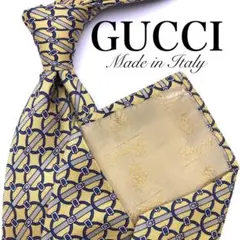 【美品】GUCCI ネクタイ 総柄 ベルト柄 ベージュ ブルー ブランドロゴ