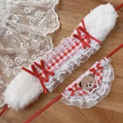 【009】 ヘッドドレス スタイ ぬい服 ちびぐるみ 赤 チェック柄 うさぎ