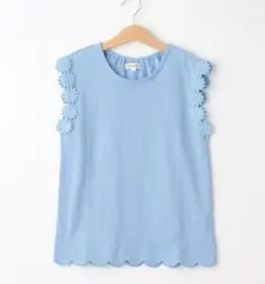 袖レース使いスカラッププルオーバー タンクトップ Tシャツ トップス 水色 刺繍