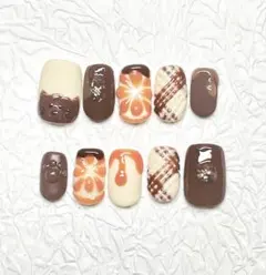 現品 バレンタイン♡オレンジ×チョコ×くま ナチュラル系ショート手描きネイル
