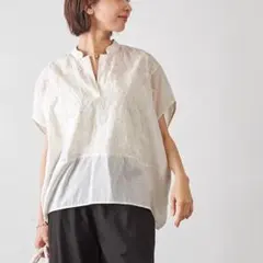 マカフィー リネン 刺繍ブラウス スキッパー ネックリボン ゆったり