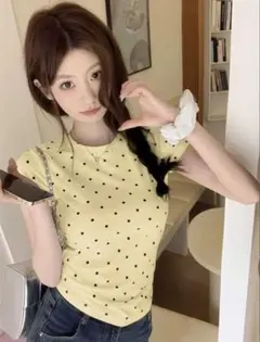 SHEIN ドット柄 半袖Tシャツ イエロー JP-Lのサムネイル