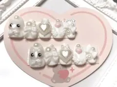 ネイルチップ ねこ 可愛い系 埋めつくし ホワイト系 羽 ハート【現品限り】