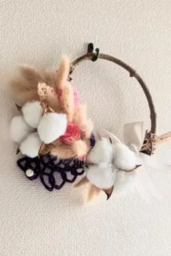 ハンドメイド 水引&ドライフラワーリース ベージュ ホワイト パープル ピンク