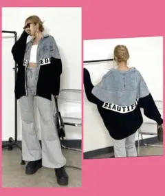 ニットデニム ジャケット トップス オーバーサイズ ブラック フリーサイズ