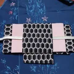 カルタ結びの作り帯　黒　ピンク　リメイク　ハンドメイド　浴衣帯　一部式