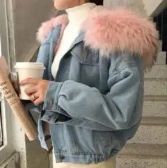 新品　デニムジャケット ピンクファー付き　XL