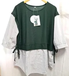 着やせTOPS 異素材切替 ストライプ 4L