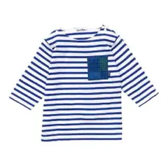 【ファミリア】五分袖 カットソー Tシャツ ボーダー 青 チェック 刺し子