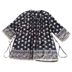 花柄ブラック七分袖シャツワンピース チュニック シフォンガウン春夏ganesha
