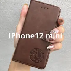 iPhone12mini 手帳型スマホケース　レザー　茶　柴犬　犬　シンプル