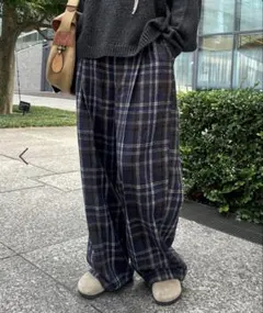 Kutir/チェック柄 ワイドパンツ イージーパンツ