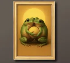ぎゅっと寄り添う幸福のカエル　開運グラフィック　額縁付き