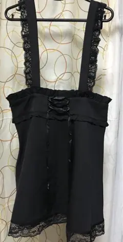 ゴスロリ　可愛い黒いレースストラップのチュニックノースリーブワンピース