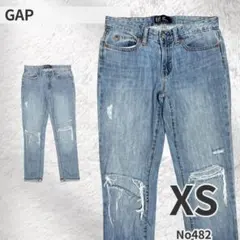 GAP デニム ダメージ テーパード アンクル 美脚 ライトブルー XS S