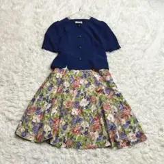 スカートセットアップ 花柄スカート ロング丈 ノーカラー 金ボタン