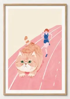 ＜走る巨大な茶トラ猫と女性＞ 現代アート