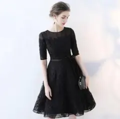 パーティードレス 結婚式 ワンピース お呼ばれ 二次会 ブラック 黒 半袖 新品