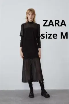 ZARA ザラ プリーツ入りドット柄 メッシュ ワンピース シアー M