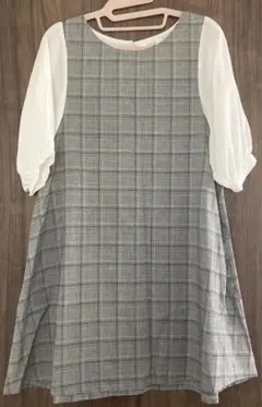 ワンピース　グレー　半袖　チェック　ひざ丈　夏ワンピ