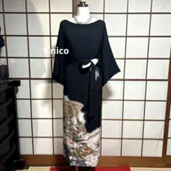 L 着物リメイク 正絹 作家物落款黒留袖 シンプルゆったりワンピース