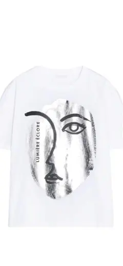 ホワイト メタリック顔プリント Tシャツ