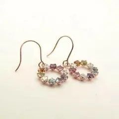 【10金PG】K10アミュレットピアス｜7色の天然石 虹色サークル