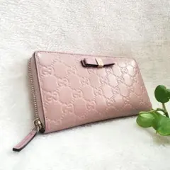 GUCCI マイクロGG レザー リボン ラウンドファスナー 長財布 ピンク