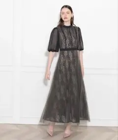 Leja Sサイズ ハイウエストチュールレース切り替えAラインワンピースドレス黒