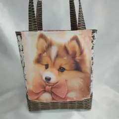 トート　ハンドメイドトートバッグ　シェルティ柄　レース・ラタン柄　パネル生地