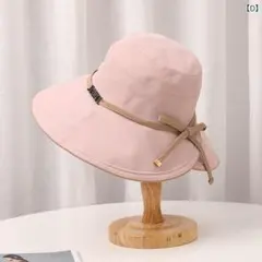 【UVカット】つば広 ハット ピンク 小顔効果 あご紐付き リボン 折りたたみ