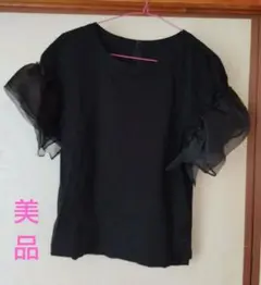 FIGNO シフォン袖 　黒 無地　クルーネック Tシャツ